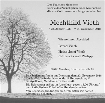 Traueranzeige von Mechthild Vieth von Tageszeitung