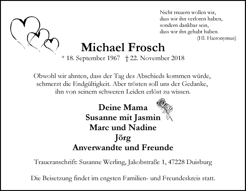  Traueranzeige für Michael Frosch vom 24.11.2018 aus Tageszeitung