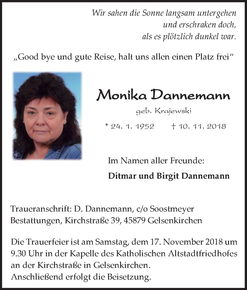  Traueranzeige für Monika Dannemann vom 14.11.2018 aus Tageszeitung