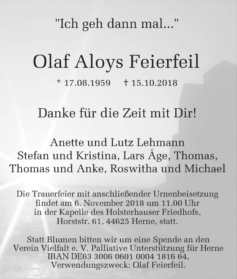  Traueranzeige für Olaf Aloys Feierfeil vom 01.11.2018 aus Tageszeitung