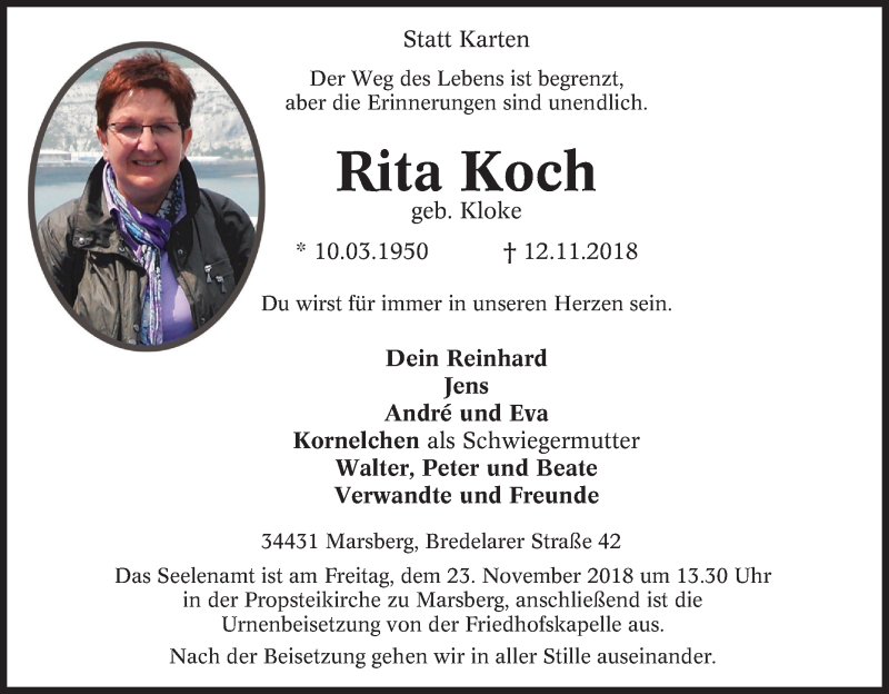  Traueranzeige für Rita Koch vom 17.11.2018 aus Tageszeitung