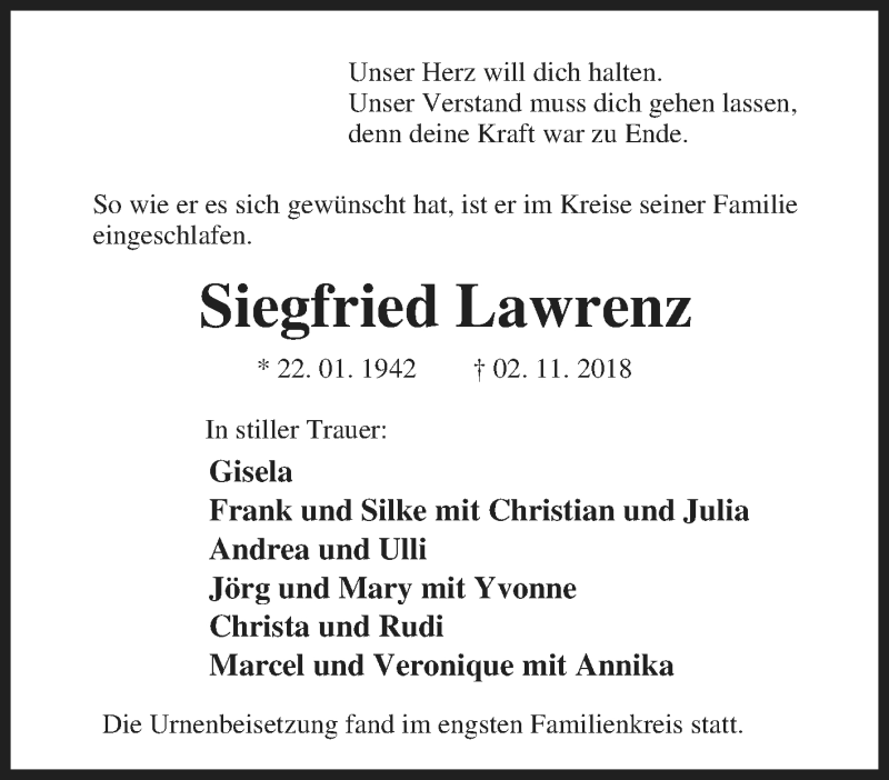  Traueranzeige für Siegfried Lawrenz vom 14.11.2018 aus Tageszeitung