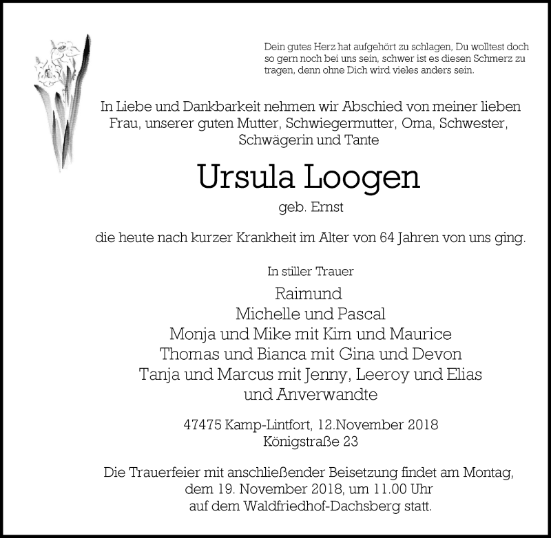  Traueranzeige für Ursula Loogen vom 15.11.2018 aus Tageszeitung
