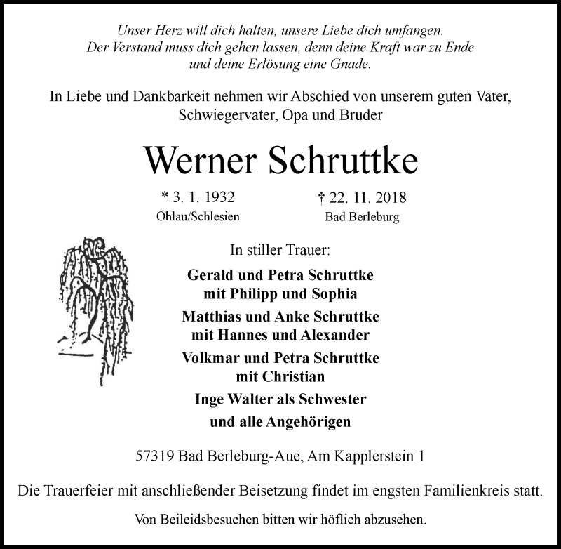 Traueranzeige für Werner Schruttke vom 24.11.2018 aus Tageszeitung