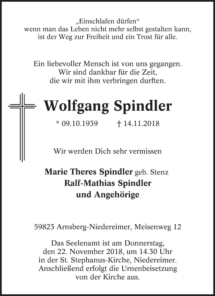 Traueranzeige für Wolfgang Spindler vom 17.11.2018 aus Tageszeitung