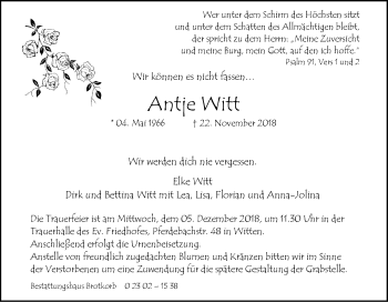 Traueranzeige von Antje Witt von waz