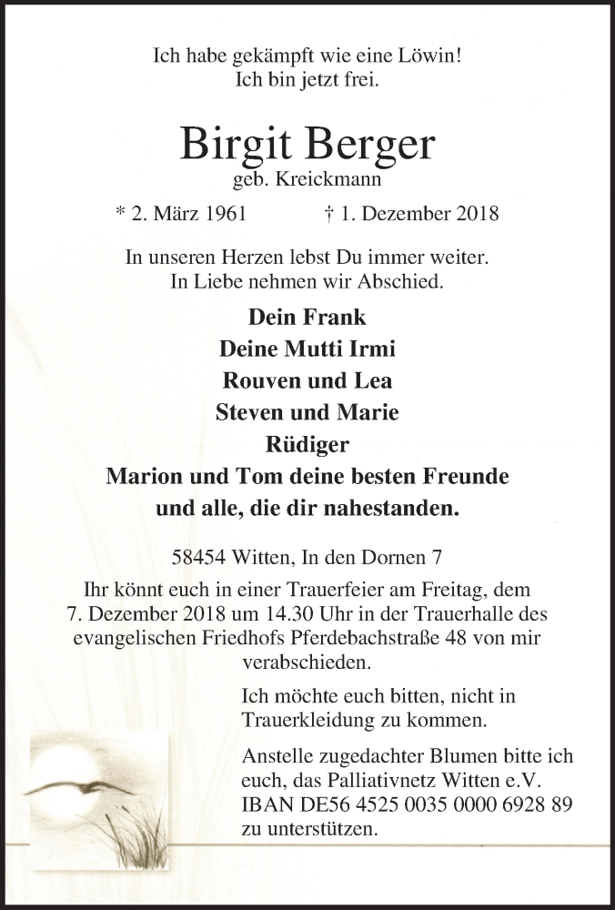  Traueranzeige für Birgit Berger vom 04.12.2018 aus Tageszeitung