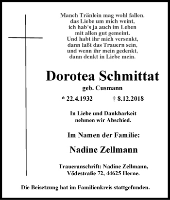 Traueranzeige von Dorotea Schmittat von Tageszeitung