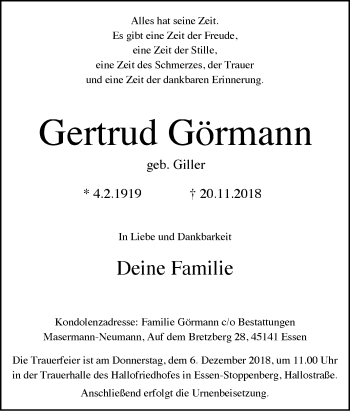 Traueranzeige von Gertrud Görmann von Tageszeitung