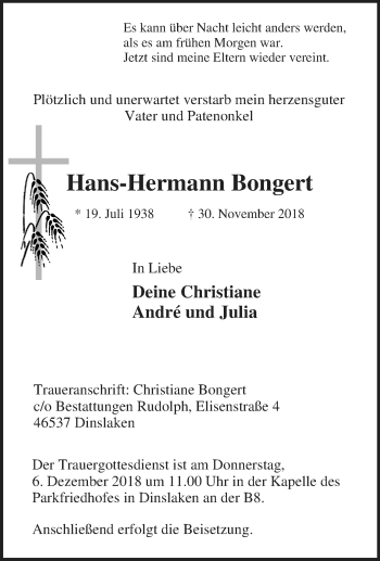Traueranzeige von Hans-Hermann Bongert von Tageszeitung