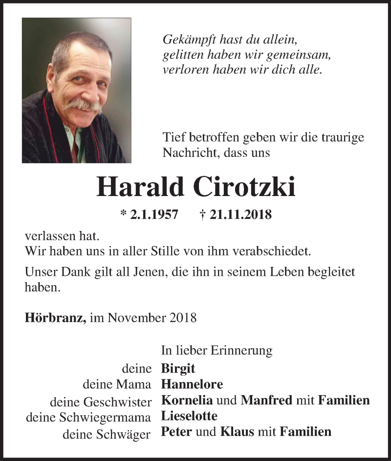  Traueranzeige für Harald Cirotzki vom 10.12.2018 aus Tageszeitung