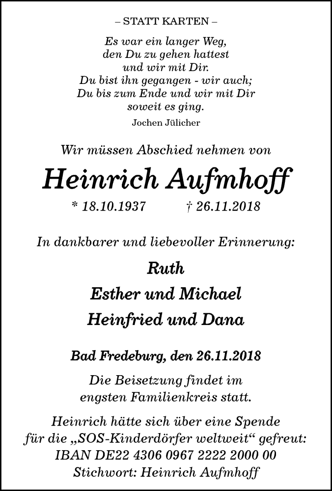  Traueranzeige für Heinrich Aufmhoff vom 01.12.2018 aus Tageszeitung