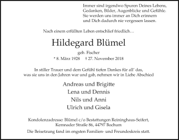Traueranzeige von Hildegard Blümel von Tageszeitung