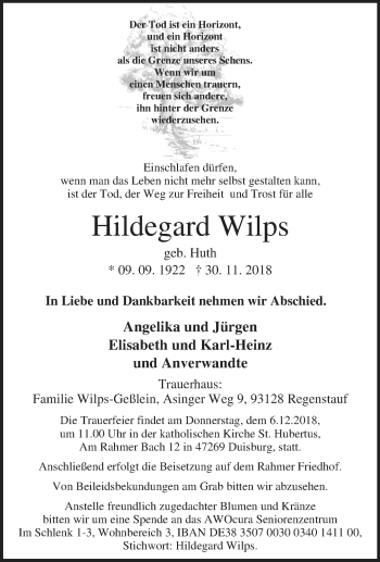 Traueranzeige von Hildegard Wilps von Tageszeitung