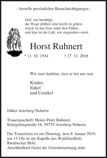 Traueranzeige von Horst Ruhnert von Tageszeitung
