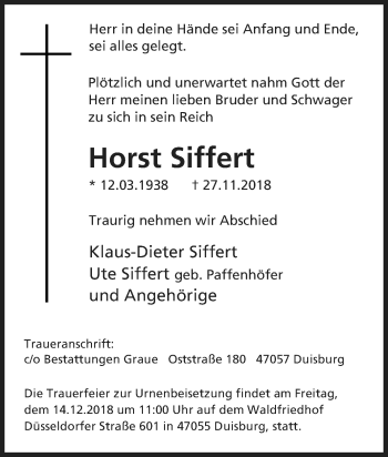 Traueranzeige von Horst Siffert von Tageszeitung