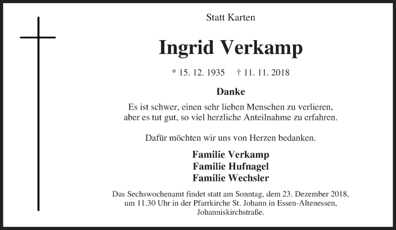  Traueranzeige für Ingrid Verkamp vom 20.12.2018 aus Tageszeitung
