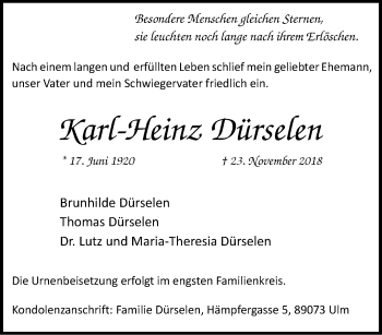 Traueranzeige von Karl-Heinz Dürselen von waz