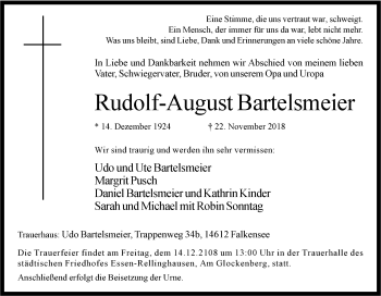 Traueranzeige von Rudolf-August Bartelsmeier von Tageszeitung