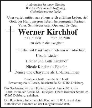 Traueranzeige von Werner Kirchhof von Tageszeitung