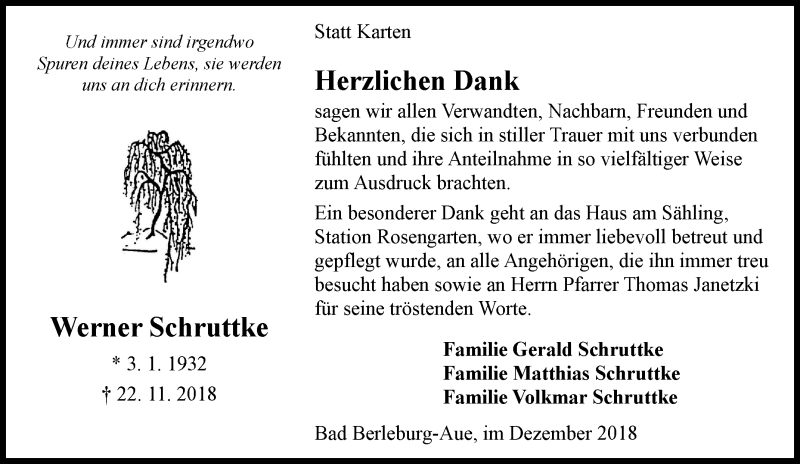 Traueranzeige für Werner Schruttke vom 31.12.2018 aus Tageszeitung