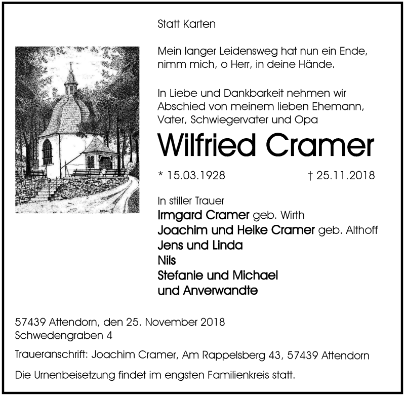  Traueranzeige für Wilfried Cramer vom 01.12.2018 aus waz