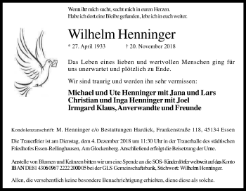 Traueranzeige von Wilhelm Henninger von Tageszeitung