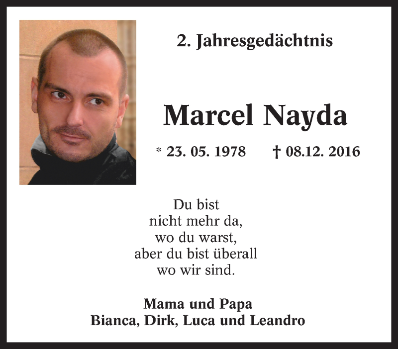  Traueranzeige für Marcel Nayda vom 08.12.2018 aus Tageszeitung
