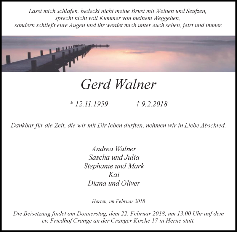  Traueranzeige für Gerd Walner vom 17.02.2018 aus 