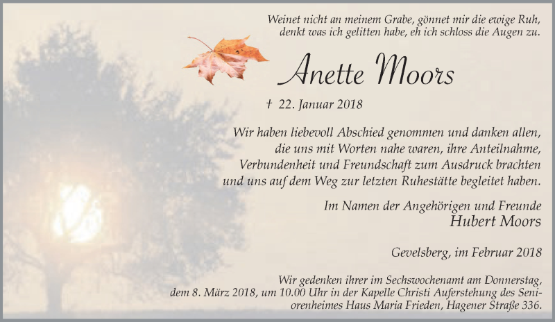  Traueranzeige für Anette Moors vom 24.02.2018 aus Tageszeitung