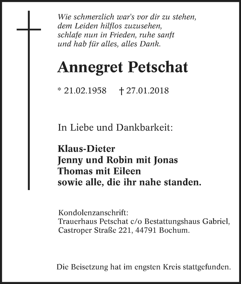  Traueranzeige für Annegret Petschat vom 03.02.2018 aus Tageszeitung