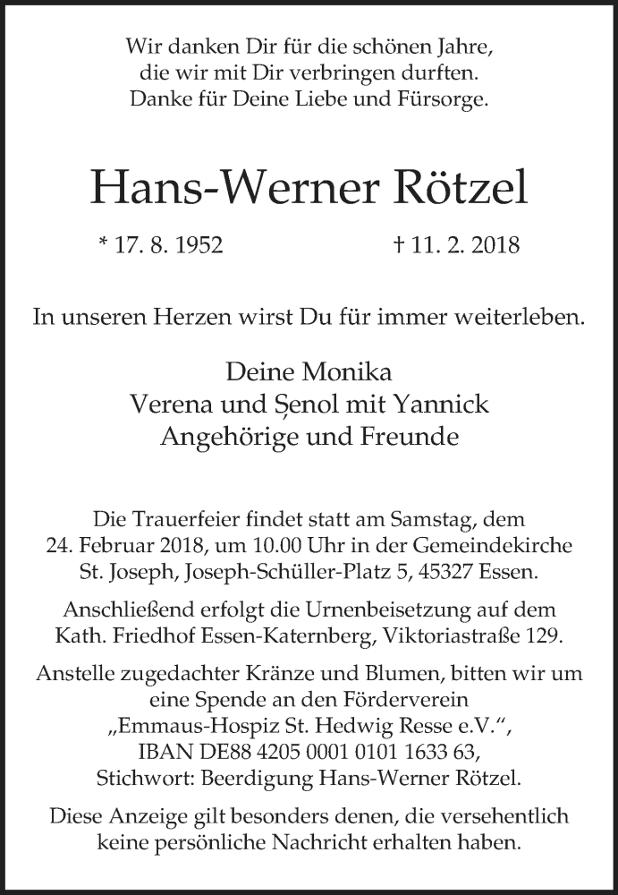  Traueranzeige für Hans-Werner Rötzel vom 17.02.2018 aus Tageszeitung
