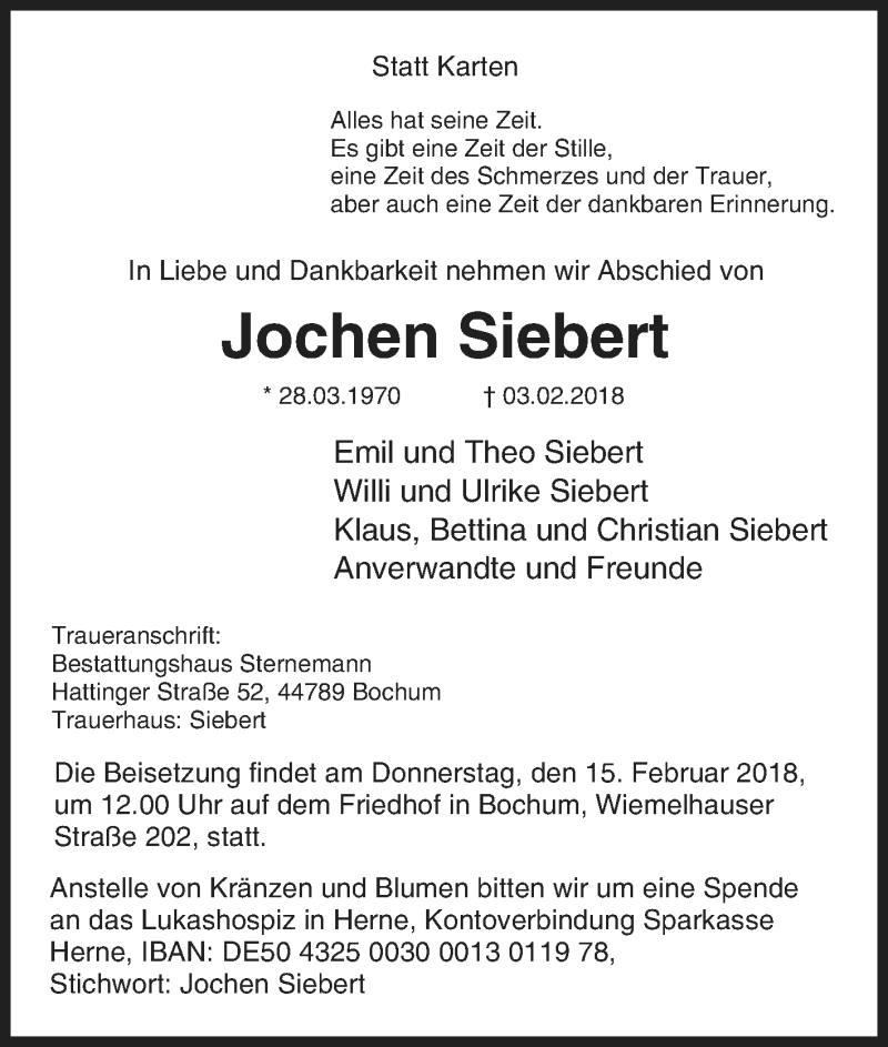  Traueranzeige für Jochen Siebert vom 06.02.2018 aus Tageszeitung