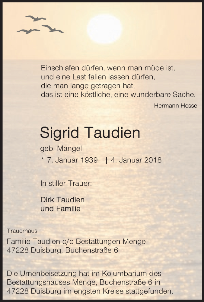  Traueranzeige für Sigrid Taudien vom 03.02.2018 aus Tageszeitung