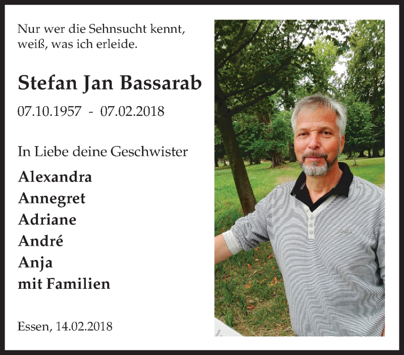  Traueranzeige für Stefan Jan Bassarab vom 17.02.2018 aus Tageszeitung