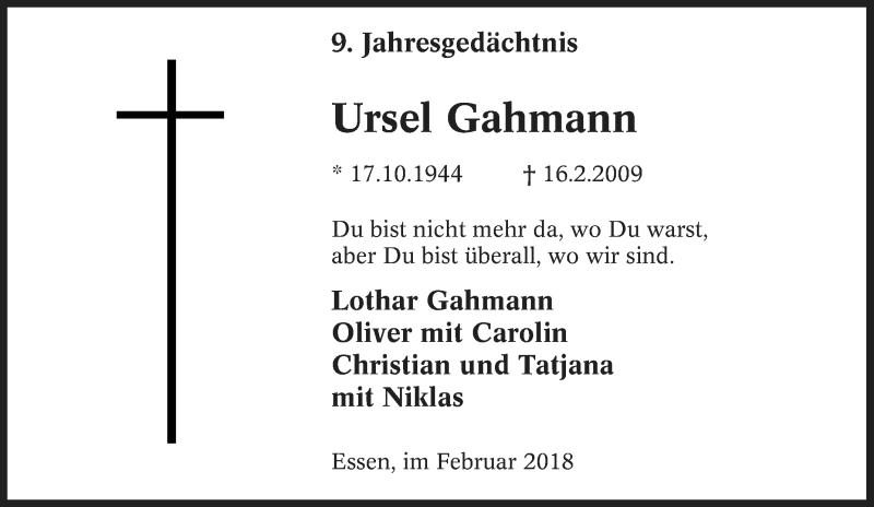  Traueranzeige für Ursel Gahmann vom 17.02.2018 aus Tageszeitung