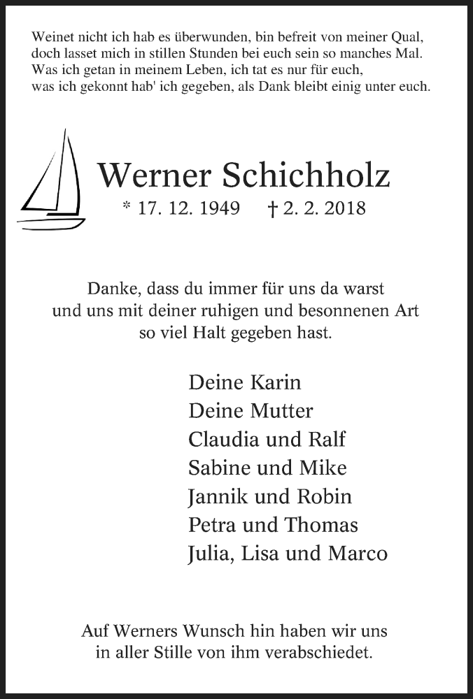  Traueranzeige für Werner Schichholz vom 17.02.2018 aus Tageszeitung
