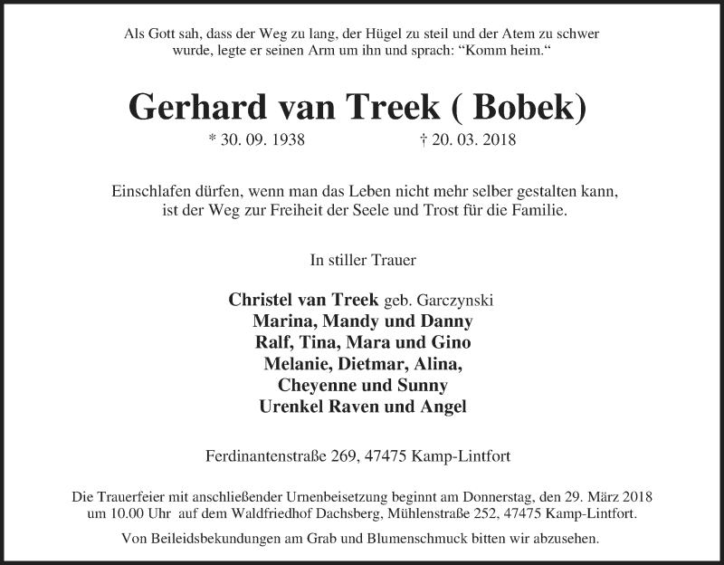  Traueranzeige für Gerhard van Treek vom 23.03.2018 aus Tageszeitung