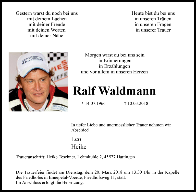  Traueranzeige für Ralf Waldmann vom 15.03.2018 aus Tageszeitung