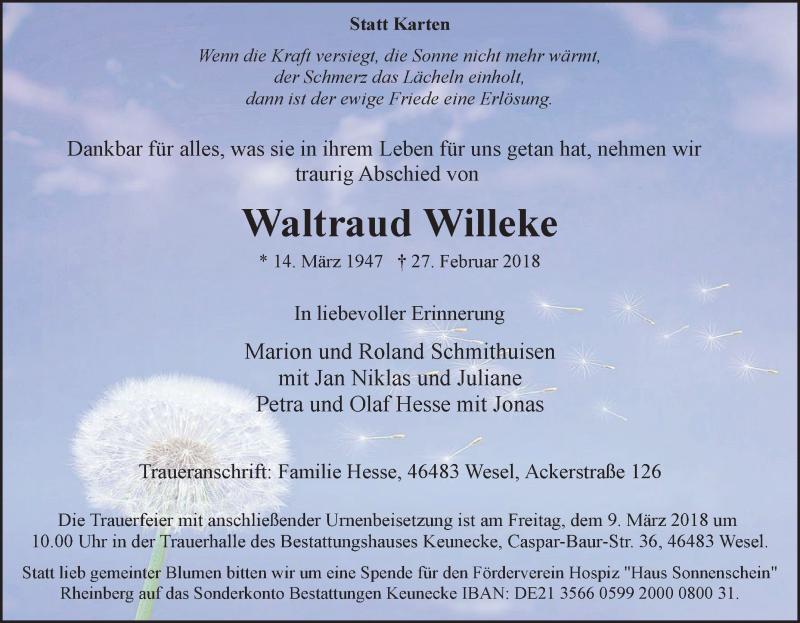  Traueranzeige für Waltraud Willeke vom 01.03.2018 aus Tageszeitung