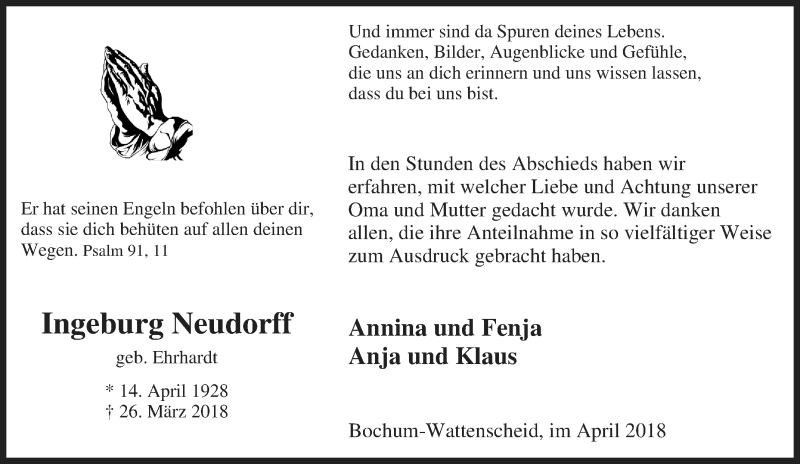  Traueranzeige für Ingeburg Neudorff vom 28.04.2018 aus Tageszeitung