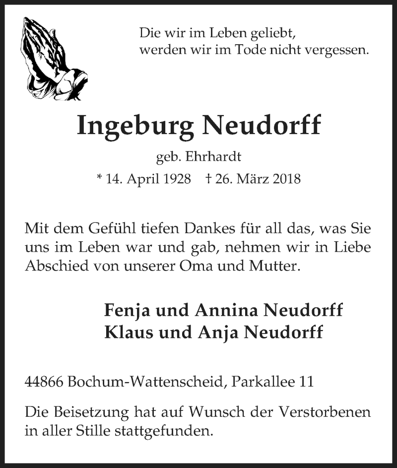  Traueranzeige für Ingeburg Neudorff vom 04.04.2018 aus Tageszeitung