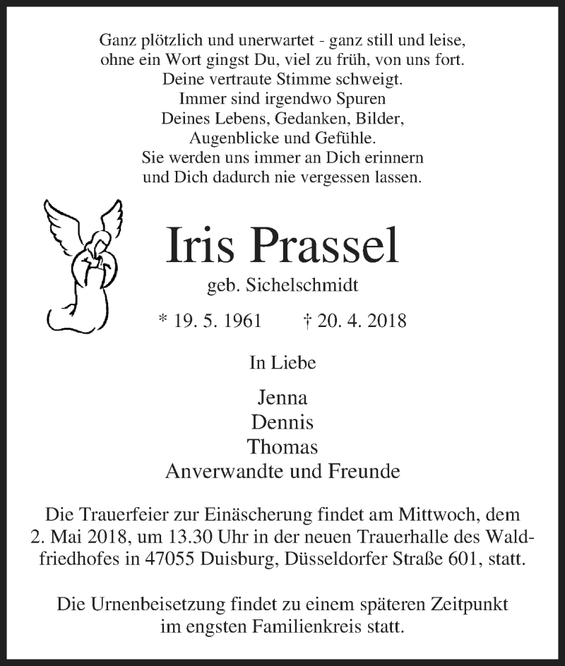  Traueranzeige für Iris Prassel vom 28.04.2018 aus Tageszeitung