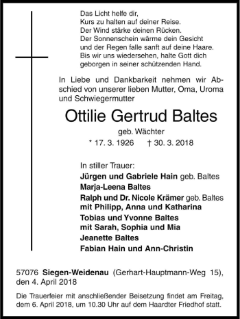 Traueranzeige von Ottilie Gertrud Baltes von Tageszeitung