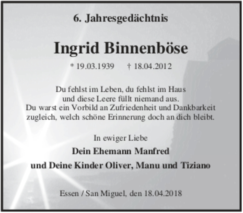  Traueranzeige für Ingrid Binnenböse vom 18.04.2018 aus Tageszeitung