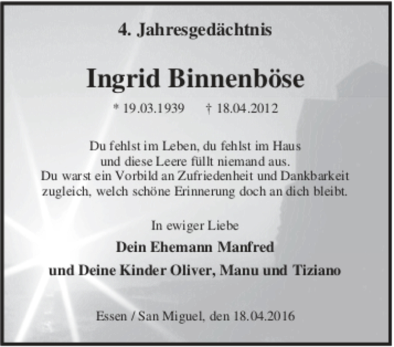  Traueranzeige für Ingrid Binnenböse vom 18.04.2016 aus Tageszeitung