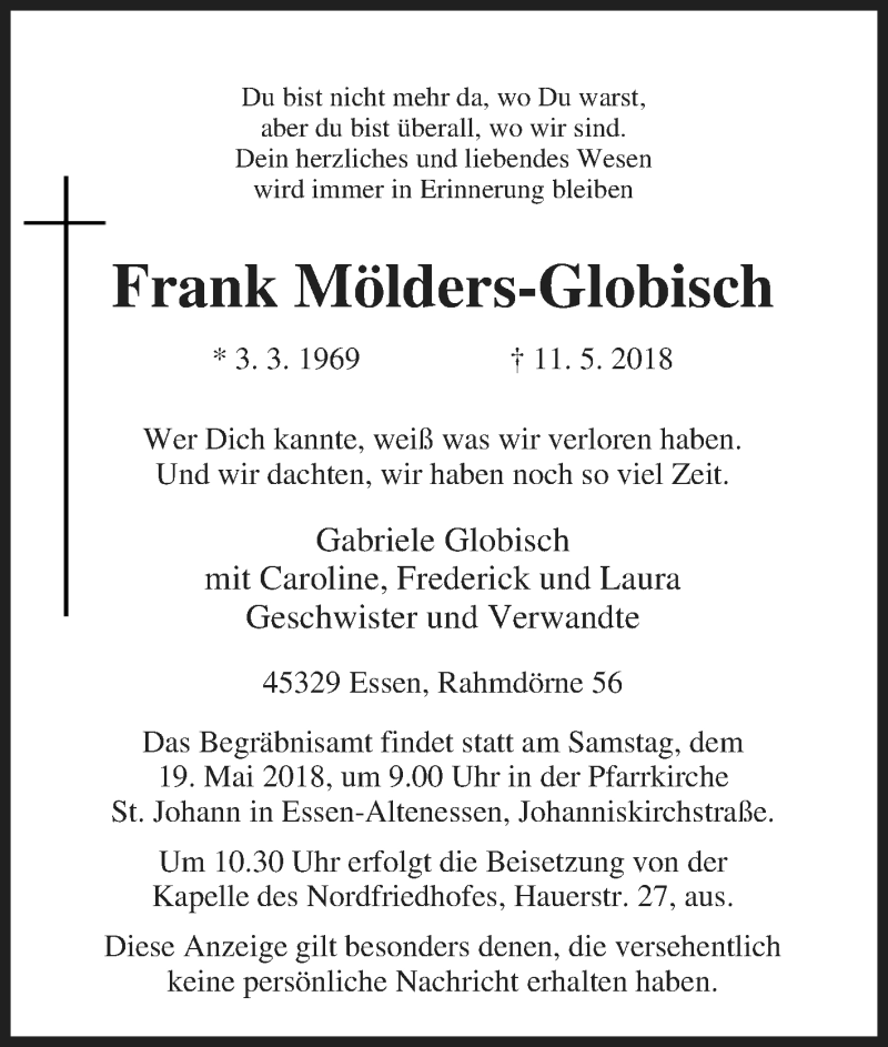  Traueranzeige für Frank Mölders-Globisch vom 18.05.2018 aus Tageszeitung