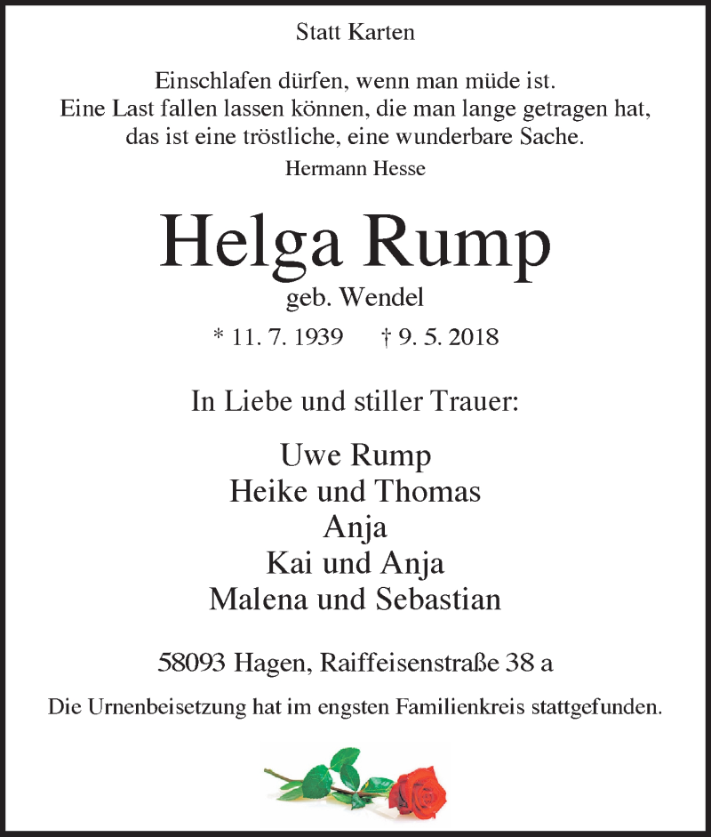  Traueranzeige für Helga Rump vom 26.05.2018 aus Tageszeitung