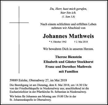 Traueranzeige von Johannes Mathweis von Tageszeitung
