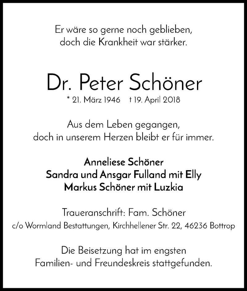  Traueranzeige für Peter Schöner vom 05.05.2018 aus Tageszeitung